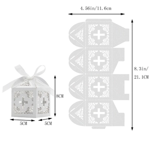Flat lay showing unassembled and assembled 5x5x8cm white laser cut cross candy boxes