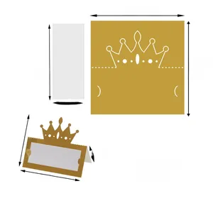 Detailed size chart showing gold crown place card dimensions and folding specifications