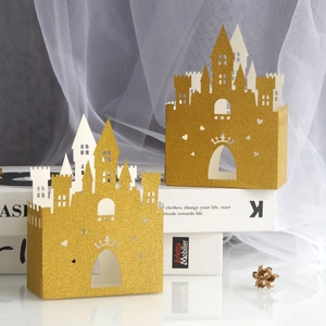 Laser Cut Gold Glitter Castle Candy Box Heart Crown Hollow Gift Box For Wedding Birthday Party Favors Candy Packaging