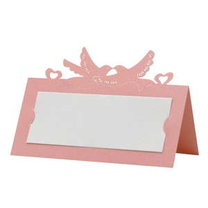 Laser cut hollow love birds place cards in pearl pink paper for wedding table decor