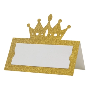 Glittery gold crown-shaped place cards with hollow design for wedding table seating