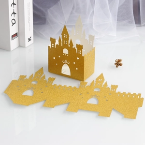 Golden glitter castle candy box with laser cut hollow design for wedding party gifts
