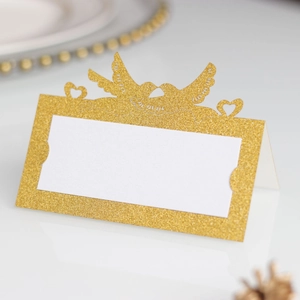 Segnaposto dorati glitterati con uccellini intagliati e cuore per decorazione tavola