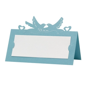 Light blue hollow laser cut lovebird table place card with glitter paper for weddings