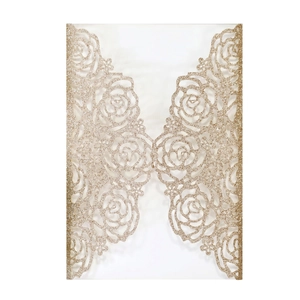 Élégante invitation de mariage dorée à paillettes avec motif de rose découpé au laser