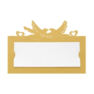 Detailed laser-cut hollow lovebirds and heart design on golden pearl paper place card