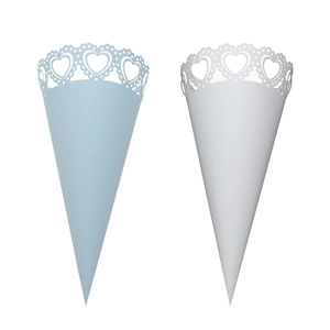 White and light blue paper wedding petal cones with hollow heart lace edges for confetti