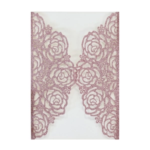 Faire-part de mariage découpé au laser en paillettes or rose avec dentelle florale
