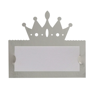 Detailed view of grey crown place card holder with blank white name card insert