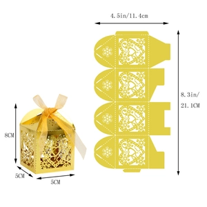Golden laser cut heart candy box with assembly dimensions and flat template overview