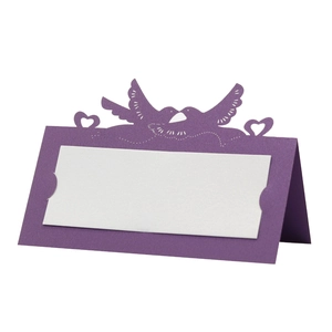 Purple laser-cut hollow lovebirds and heart place card for weddings with white insert