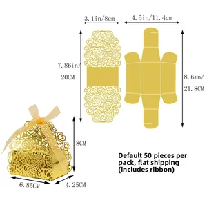 Flat lay showing dimensions and layout of a golden laser-cut rose wedding favor box