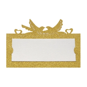 Segnaposto glitterato oro con colombe tagliate al laser e cuori per tavolo da nozze