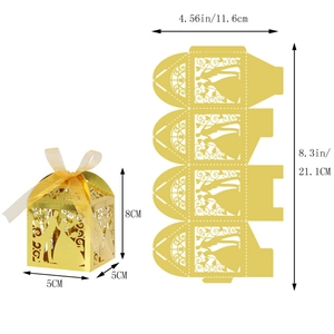 Laser cut golden candy box with wedding silhouettes and detailed size dimensions