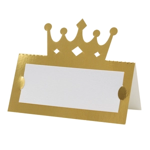 Marque-places couronne dorée pour mariage avec insert blanc et support pliable