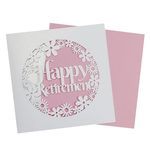 Laser cut Happy Retirement invitation card in white pearlescent paper with floral hollow pattern