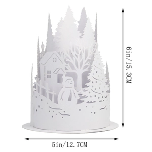 White laser-cut paper lampshade with winter forest scene and dimensions 6x5 inches