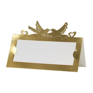 Detailed laser cut heart and birds on a gold folding place card for wedding table decor