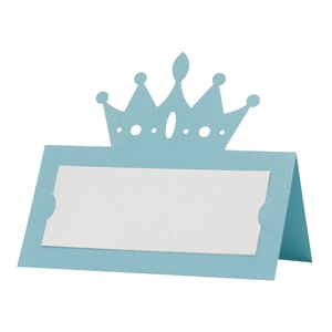 Close-up of light blue hollow crown place card with white insert for wedding table setting