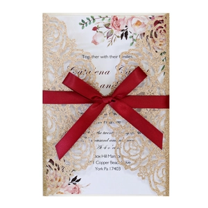 Gold glitter hollow rose wedding invitation card with a premium burgundy satin ribbon bow
