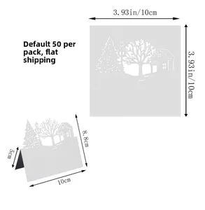 Detailed laser-cut Christmas house and tree table cards showing dimensions and 50 pack info