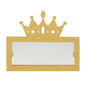 Detailed view of hollow gold glitter crown place card with elegant white insert for weddings