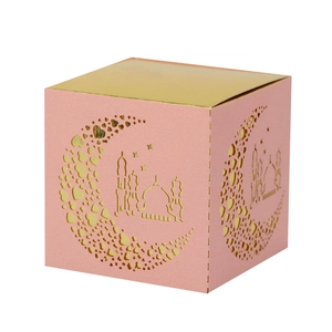 Pink and gold laser-cut Eid gift box with moon and mosque patterns in 45-degree view