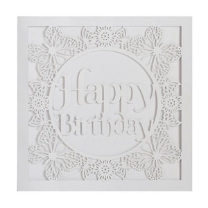 Macro detail of laser-cut butterfly and flower patterns on white Happy Birthday card