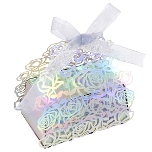 Macro detail of laser-cut rose hollow gift box with iridescent holographic texture