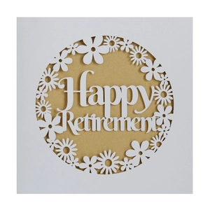 Elegant laser-cut Happy Retirement card with daisy floral border on pearl paper