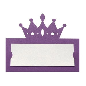 Detail of purple hollow crown place card with white insert for wedding table setting