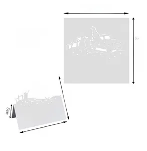 Laser cut white paper Christmas table card with snowman and truck design dimensions