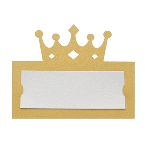 Détail du marque-place couronne dorée pailletée avec fente pour nom de mariage