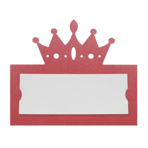 Detail of red glitter crown place card holder with white insert for wedding tables