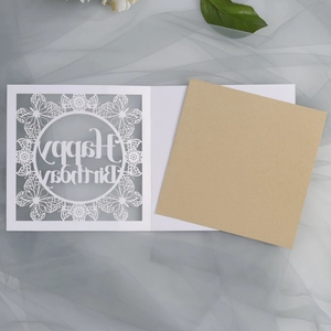 Detail of laser-cut butterfly greeting card with Happy Birthday text and kraft insert