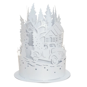 White Christmas paper lampshade with laser-cut winter cabin and pine tree scenes