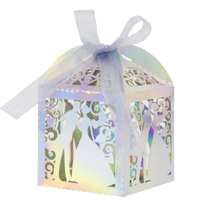 Holographic laser cut wedding favor box with bride groom silhouettes and purple ribbon