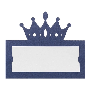 Detail of laser-cut navy blue crown place card with pearlescent finish and white insert