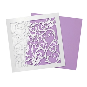 Detail of laser-cut white floral pattern birthday card with Happy Birthday engraving