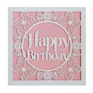 Laser-cut Happy Birthday card featuring elegant butterfly and floral patterns on pink base