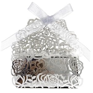 Macro shot of laser-cut rose hollow patterns on silver pearlescent wedding favor box