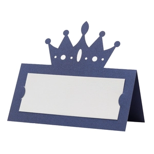 Navy blue pearl paper place card with hollow crown design and white name insert