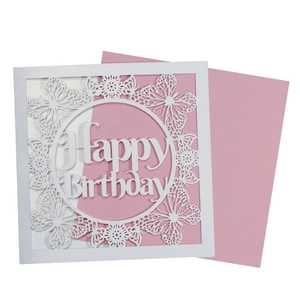 Laser cut butterfly birthday card with pink insert and Happy Birthday hollow design