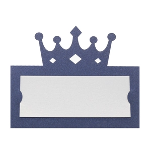 Vue détaillée du marque-place couronne bleu foncé avec insert en papier blanc
