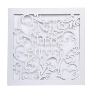 Close-up of laser-cut square Happy Birthday card with intricate floral patterns