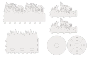 DIY Christmas laser-cut paper lampshade components with car, house, and tree designs