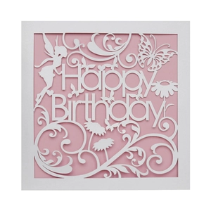 Laser cut white butterfly and fairy happy birthday greeting card with pink insert