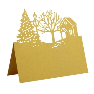 Gold laser-cut Christmas house table place card with snowflake tree hollow design