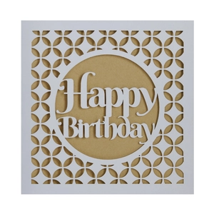 Laserschnitt Happy Birthday Grußkarte mit floralen Mustern auf weißem und Kraftpapier Karton