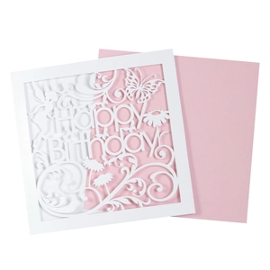 Macro detail of laser-cut butterfly and fairy patterns on a Happy Birthday card